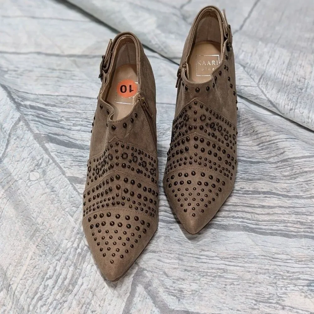 Western Studded Pointed Toe Ankle Booties Tan Block Heel Kaari Blue Sz 10‎